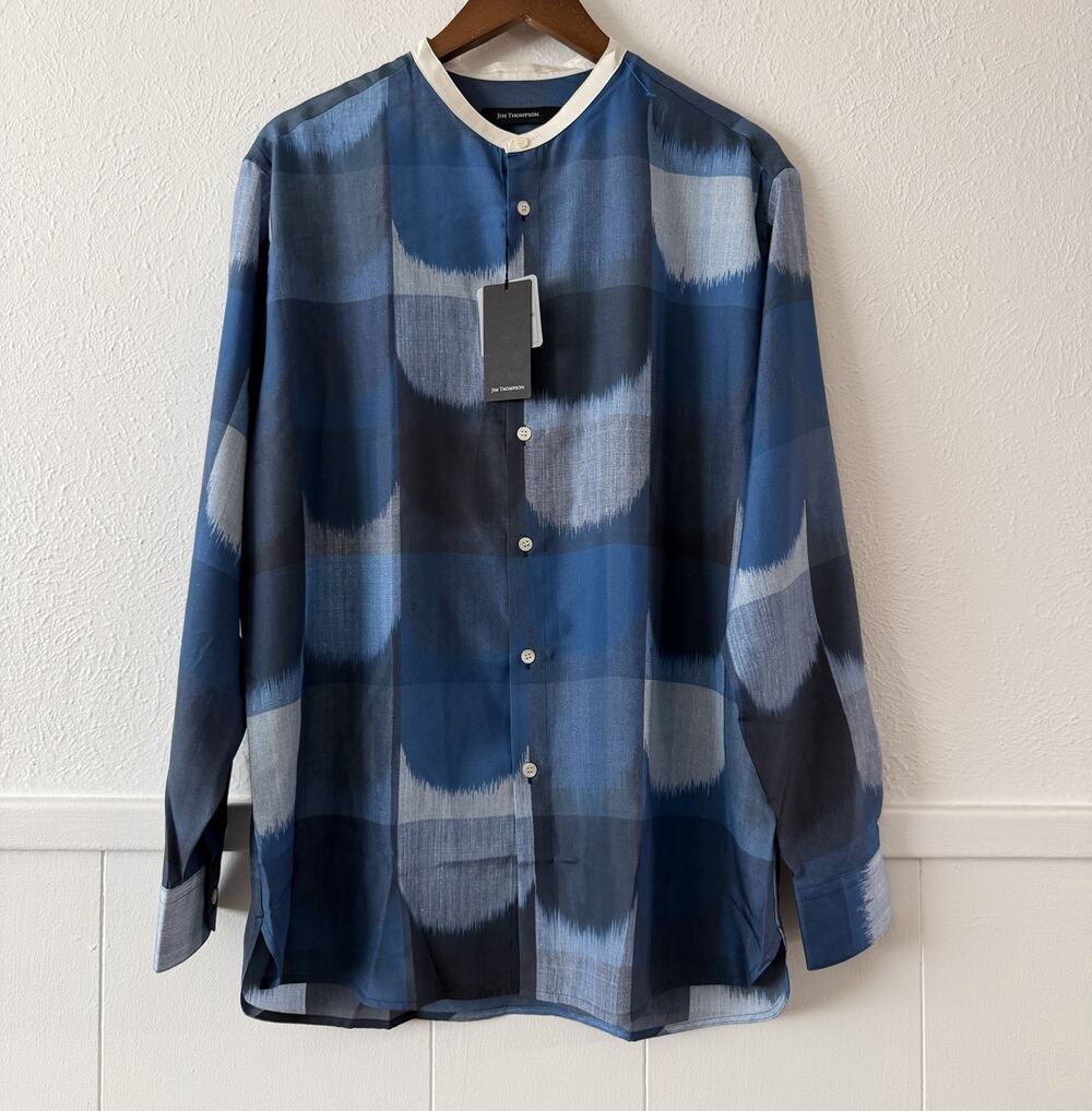Jim Thompson 100% Silk Blue Abstract Button Front Shirt Top L